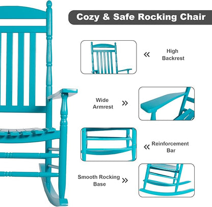 Outdoor Rocking Chairs Set of 2 Rocking Camping Chair Patio Rocker Poly Wooden Extensive Large High Back 350lbs Weather Proof Lawn Chair Arm for Porch Yard Balcony Indoor Outdoor Blue