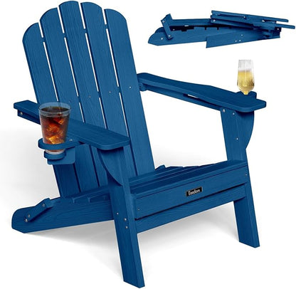 Folding Adirondack Chair, HDPE Adirondack Chair with 2 Cup Holders, Pre-Assembled Outdoor Fire Pit Chairs for Patio, Garden, Poolside, NavyBlue