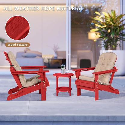 Adirondack Chair Set of 2 with Cushion & Cup Holder, HDPE Folding Adirondack Chairs with Wood-Like Grain Outdoor Fire Pit Chairs for Patio/Porch/Swimming Pool/Camping
