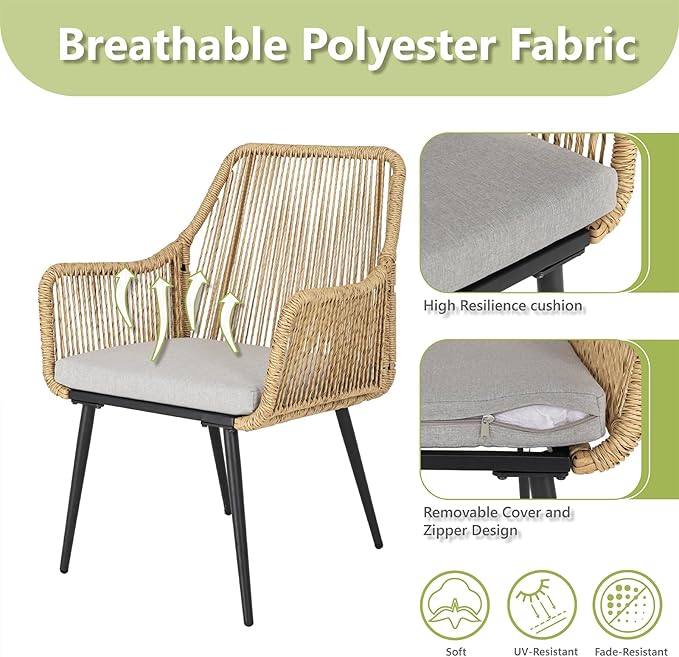 Patio Dining Chairs, Outdoor Dining Chairs with Armrest and Cushion Set of 6, Woven Twisted Wicker Rattan Chair, Modern Indoor Outdoor Seating for Garden, Lawn, Backyard, Natural