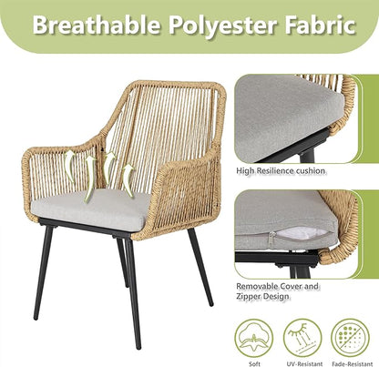 Patio Dining Chairs, Outdoor Dining Chairs with Armrest & Cushion Set of 2, All-Weather Woven Twisted Wicker Rattan Chair, Modern Indoor Outdoor Seating for Garden Lawn Backyard Natural