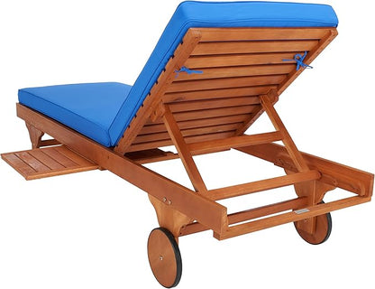 SAFAVIEH Outdoor Collection Newport Natural/ Royal Blue Cushion Built-in Side Table Adjustable Chaise Lounge Chair