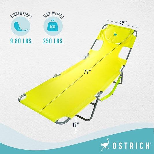 Ostrich Chaise Lounge Outdoor Portable Folding 3 Position Chair for Beach, Patio, Camp, and Pool with Carrying Strap, Neon Green (4 Pack)
