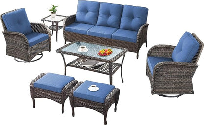 7 Pieces Patio Furniture-Swivel Patio Chairs Set of 2 Outdoor Wicker Rattan Sofa Couch with Ottoman Outdoor Conversation Set for Deck Porch Garden Balcony Poolside-Brown/Blue