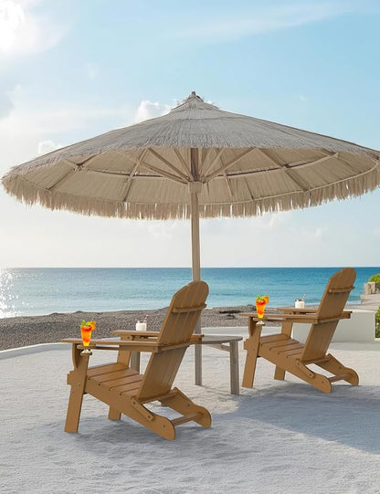 Folding Adirondack Chair, Wooden Textured Plastic Adirondack Chairs with 2 Cup Holder, Weather Resistant HDPE Fire Pit Chair, Outdoor Patio Chairs for Garden, Backyard, Lawn, Deck, 380LBS, Teak