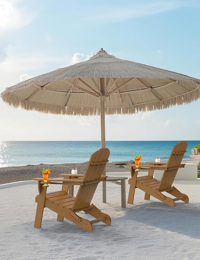 Folding Adirondack Chair Set of 2, Wooden Textured Plastic Adirondack Chairs with 2 Cup Holder - Photo 2