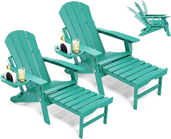 Adjustable Adirondack Chair with Retractable Ottoman Set of 2, HDPE Folding Adirondack Chair with Cup Holder - Photo 1