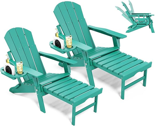 Adjustable Adirondack Chair with Retractable Ottoman Set of 2, HDPE Folding Adirondack Chair with Cup Holder, All Weather Fire Pit Chair for Outdoor.