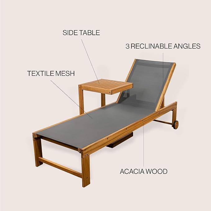 JONATHAN Y LNG1100A-2SET Trabuco Coastal Modern Acacia Wood Mesh 3-Position Outdoor Chaise Lounge Set with Side Table Transitional, Classic, Minimalist, Traditional, Contemporary, Dark Gray/Teak Brown