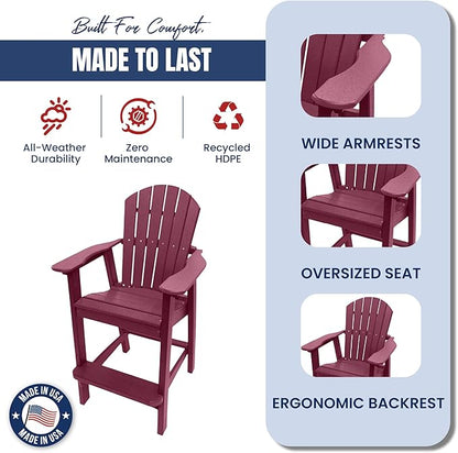 Phat Tommy Tall Adirondack Chair - HDPE Outdoor Furniture - Poly Adirondack Bar Stool - Heavy, Stress Free Furniture for Balcony, Deck, Patio, Front Porch, Dark Red