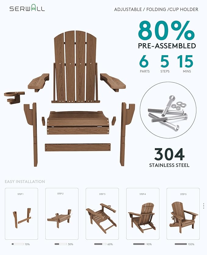 SERWALL 5-Piece Adirondack Chair and Ottoman and Table Set, Brown - Photo 7