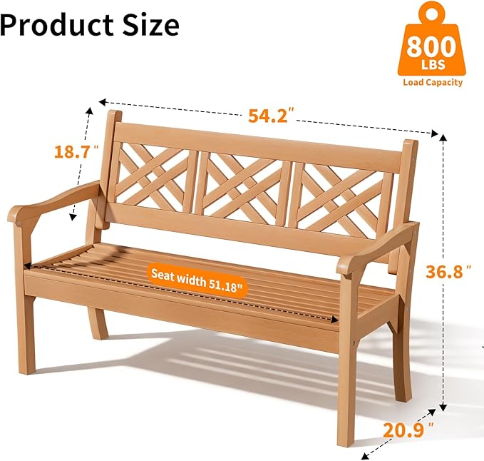 Psilvam 54''W All-Weather Poly Lumber Outdoor Bench, 3-Person Garden Bench with Decorative Backrest & Curved Armrests, Anti-Rot & Fade-Free Patio Bench for Porch, Backyard(Teak Color)