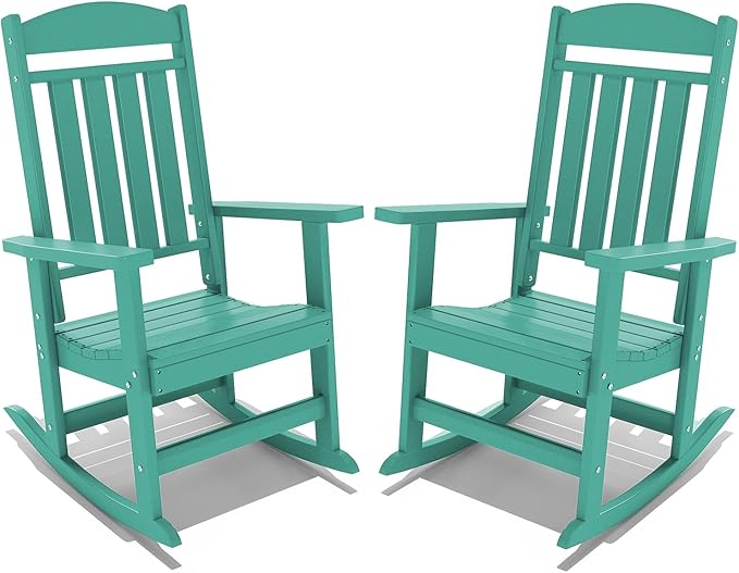 FOOWIN Outdoor Rocking Chair Set of 2, High Back Patio Rocking Chair, HDPE All Weather Resistant Porch Rocker for Adult, Oversized Rocking Chairs for Garden, Lawn, Indoor & Outdoor Use, Lake Blue