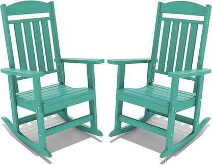 FOOWIN Outdoor Rocking Chair Set of 2, High Back Patio Rocking Chair, HDPE All Weather Resistant Porch Rocker for Adult, Oversized Rocking Chairs for Garden, Lawn, Indoor & Outdoor Use, Lake Blue