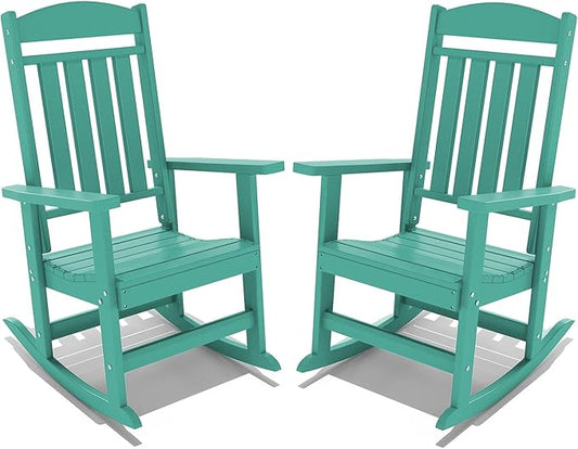 FOOWIN Outdoor Rocking Chair Set of 2, High Back Patio Rocking Chair, HDPE All Weather Resistant Porch Rocker for Adult, Oversized Rocking Chairs for Garden, Lawn, Indoor & Outdoor Use, Lake Blue