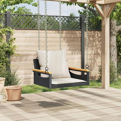 Outdoor Rattan Swing Bench 24.6x24.8x15.7 in Black PE Wicker Small Patio Seat for Garden Balcony Porch Entryway Modern Sun Lounger