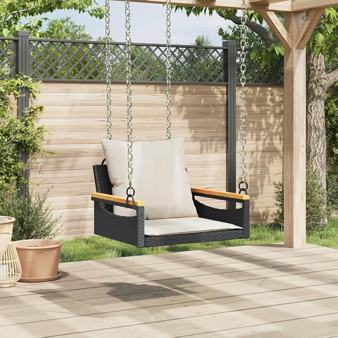 Garden Bench Deck Bench Swing Bench with Cushions Black 24.8"x24.4"x15.7" Poly Rattan - Photo 4