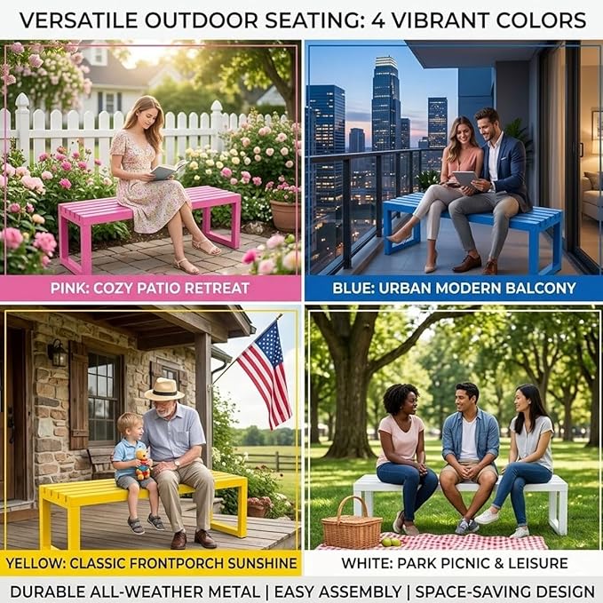 Outdoor Garden Bench, 3.3ft 3.9ft 4.9ft 5.9ft Metal Patio Benches Weatherproof Outside Backless Bench Front Porch Seat Outdoor for Park, Yard, Lawn and Backyard Outside Chair(Black,5.9ft)