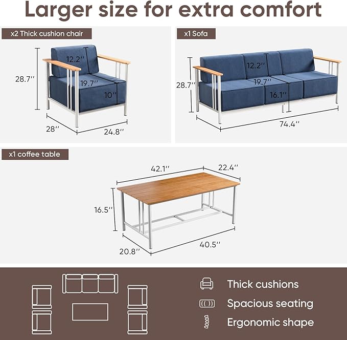 Patio Furniture Set of 6,with 10-inch Thick Cushion Outdoor Furniture Set,Patio Chair Set with Sofa,Wood Grain - Photo 2