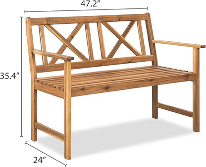 Outdoor Garden Bench Wood Bench in Natural Acacia Wood with Cross Back Design, Patio Dining Furniture for Front Porch, Patio, Lawn, Balcony, Yard, Porch, 47.2" x 24" x 35.4"
