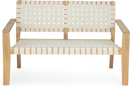 Merax Patio Furniture Acacia Wood Bench, Woven Rope Outdoor Loveseat Sofa, 2-Person Deep Seating Porch Bench for Garden, Backyard Park Balcony, Light Teak Finish & White