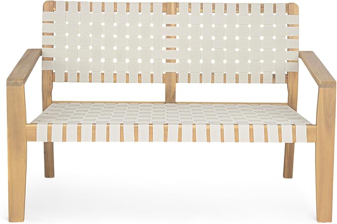 Christopher Knight Home Lenno Patio Loveseat, Acacia Wood Outdoor Bench, Woven Rope Armchair, 2 Seater Bench, Spacious Seating Sofa, Outdoor Acacia Wood Loveseat for Gardern Poolside Porch, White