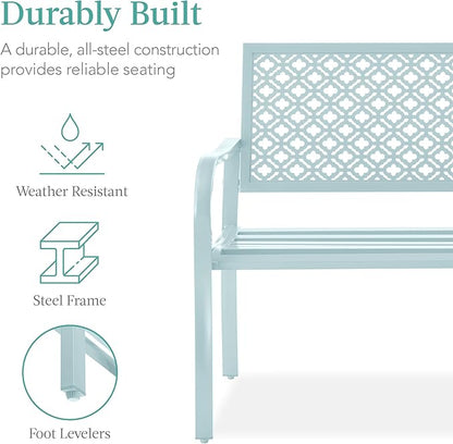 Best Choice Products Outdoor Bench 2-Person Metal Steel Benches Furniture for Garden, Patio, Porch, Entryway w/Geometric Backrest, 790lb Capacity - Sky Blue