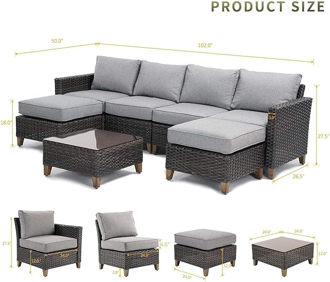 Grand patio Sofa Sets Outdoor Furniture Sets, PE Wicker Patio Furniture Sectional Sofa with Thick Olefin Cushions for Yard Garden Porch(Brown Sofa Set for Six, 7 PCS)