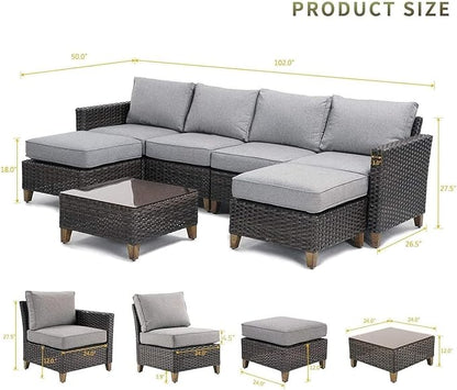 Grand patio Sofa Sets Outdoor Furniture Sets, PE Wicker Patio Furniture Sectional Sofa with Thick Olefin Cushions for Yard Garden Porch(Brown Sofa Set for Six, 7 PCS)