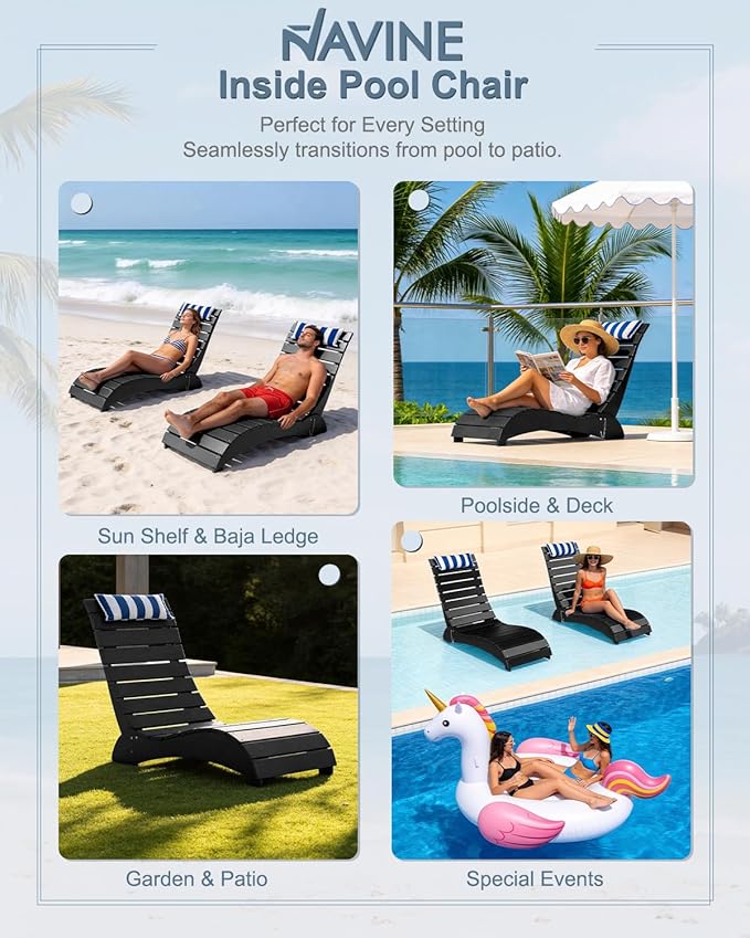 Pool Lounge Chairs Set of 2, HDPE Adjustable Chaise Chairs with Headrest, Weighted Fade-Resistant Pool Chairs and Lounger for Baja Ledge，Poolside and Deck, Black