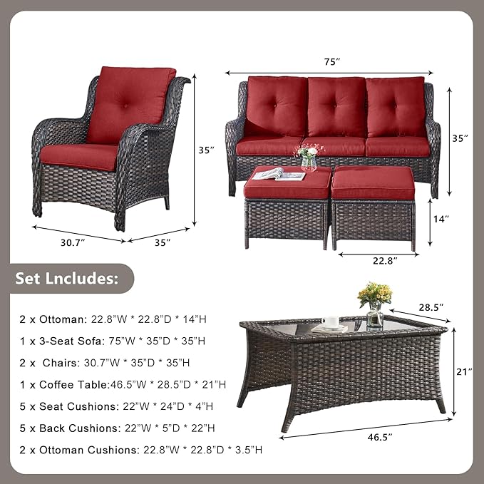 Rilyson Outdoor Patio Wicker Furniture Set - 6 Piece Rattan Patio Conversation Sectional Sofa Set with 1 Couch - Photo 3