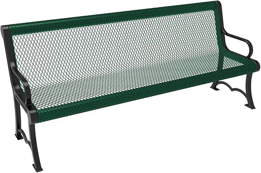 COATEDOUTDOORFURNITURE Heavy-Duty Outdoor Bench Thermoplastic Coated, Expanded Metal, Commercial-Grade Garden Bench, Made in America (Portable with Back, 6 Ft, Textured Dark Green)