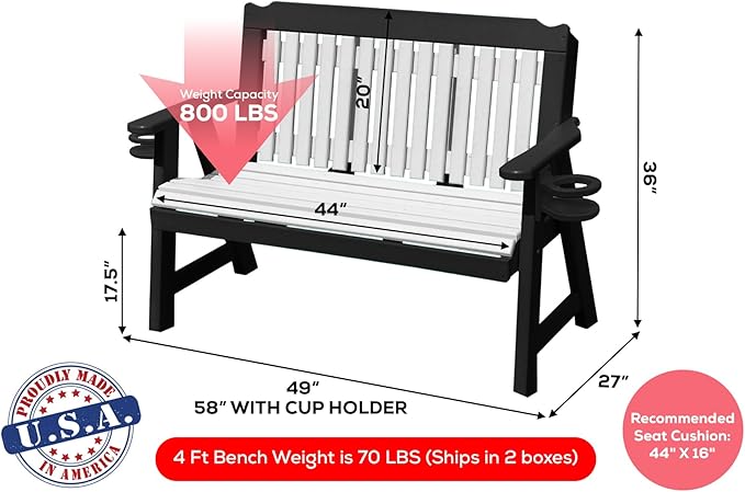 2-Person 4FT Plastic Poly Lumber Wood Cup Holders Bench Amish Craftsmanship Made in USA HDPE with No wood fibers Memorial Patio Outdoor Garden Porch Church Logan Series Signature design 800 lbs Limit