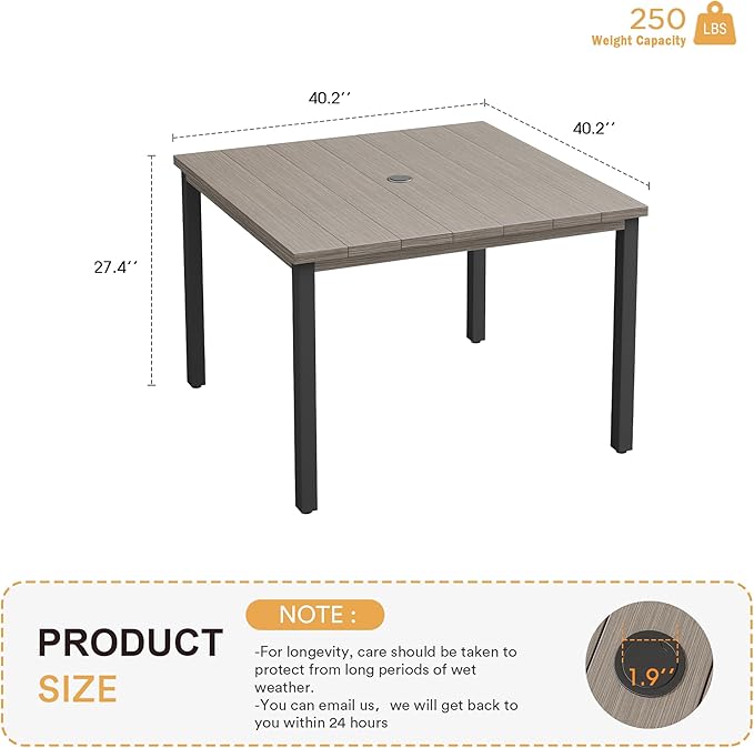 VICLLAX 40.2" Square Patio Dining Table for 4, Outdoor Table with Umbrella Hole, All Weather Metal Patio Table, Light Gray Tabletop