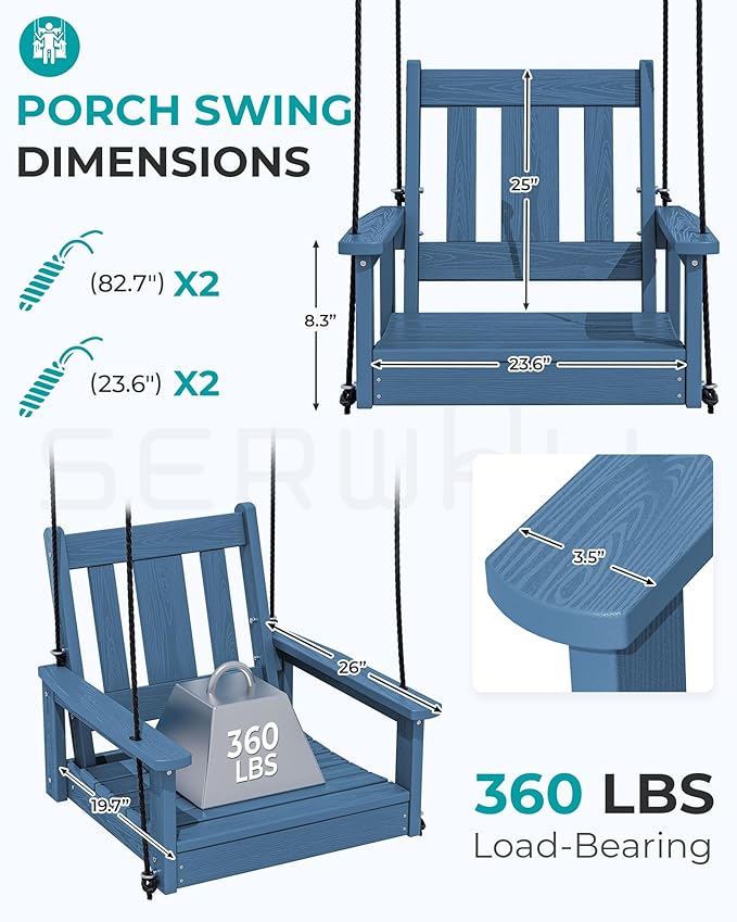 SERWALL HDPE Single Porch Swing Set of 2, Heavy Duty Single Person Swing Chair with 2 Polypropylene Hanging Ropes - Photo 3