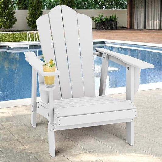 PROHIKER Adirondack Chair with Cup Holder, HDPE Outdoor Patio Chair All Weather Outdoor Chairs for Lawn Garden Porch Backyard, Plastic, White
