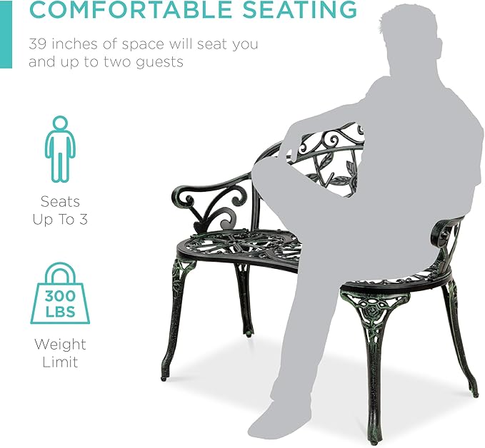Best Choice Products Outdoor Bench Steel Garden Patio Porch Loveseat Furniture for Lawn, Park, Deck Seating w/Floral Rose Accent, Antique Finish - Black/Green