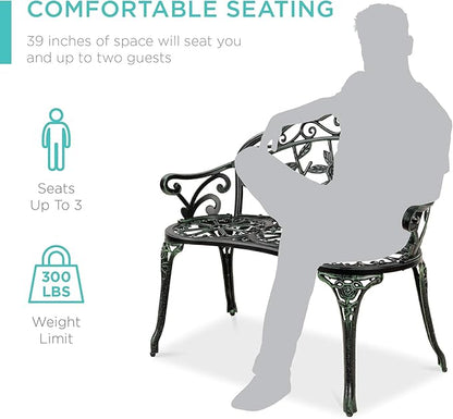 Best Choice Products Outdoor Bench Steel Garden Patio Porch Loveseat Furniture for Lawn, Park, Deck Seating w/Floral Rose Accent, Antique Finish - Black/Green