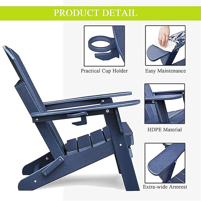 Modern Folding Adirondack Chair with Cup Holder, All-Weather Plastic Patio Firepit Chair for Outdoor, Patio, Garden, Beach (Navy Blue)