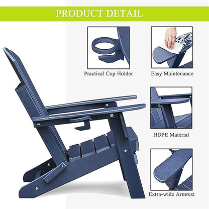Modern Folding Adirondack Chair with Cup Holder, All-Weather Plastic Patio Firepit Chair for Outdoor, Patio, Garden, Beach (Navy Blue)