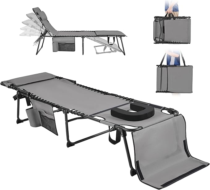 Yaheetech 22.4" Tanning Chair with Face Hole, Adjustable 5-Position Folding Chaise Lounge Chairs, Outdoor Lounge Chairs for Lawn, Beach, Sunbathing, Gray