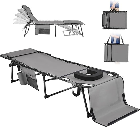 Yaheetech 22.4" Tanning Chair with Face Hole, Adjustable 5-Position Folding Chaise Lounge Chairs, Outdoor Lounge Chairs for Lawn, Beach, Sunbathing, Gray