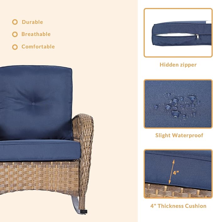Outdoor Wicker Rocking Chair with Thickened Cushions, All-Weather Rattan Patio Rocking Chairs - Photo 6