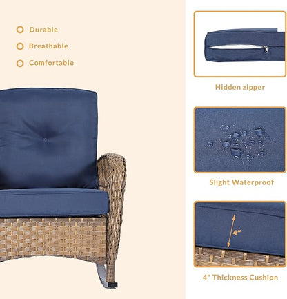 Outdoor Wicker Rocking Chair with Thickened Cushions, All-Weather Rattan Patio Rocking Chairs, Rocker Wicker Chair for Porch Garden & Backyard, Navy Blue