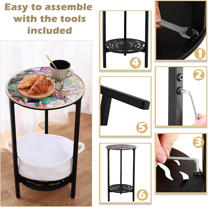 2-Tier Metal Round Side Table Black Accent Coffee Tables Small Space Corner Plant Stand Shelf for Indoor Outdoor Use - Photo 5