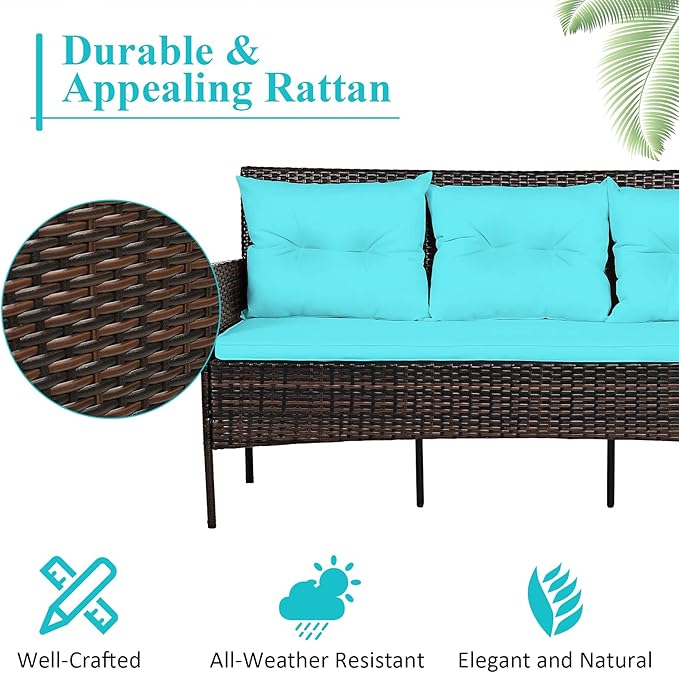 Tangkula 3 Pieces Patio Conversation Set, Outdoor PE Rattan Wicker Furniture Set W/Cozy Cushions - Photo 8