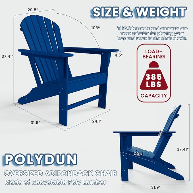 Farmhouse Adirondack Chair Wood Texture, Poly Lumber Patio Chairs, Pre-Assembled Weather Resistant Outdoor Chairs for Pool, Deck, Backyard, Garden, Fire Pit Seating, Navy