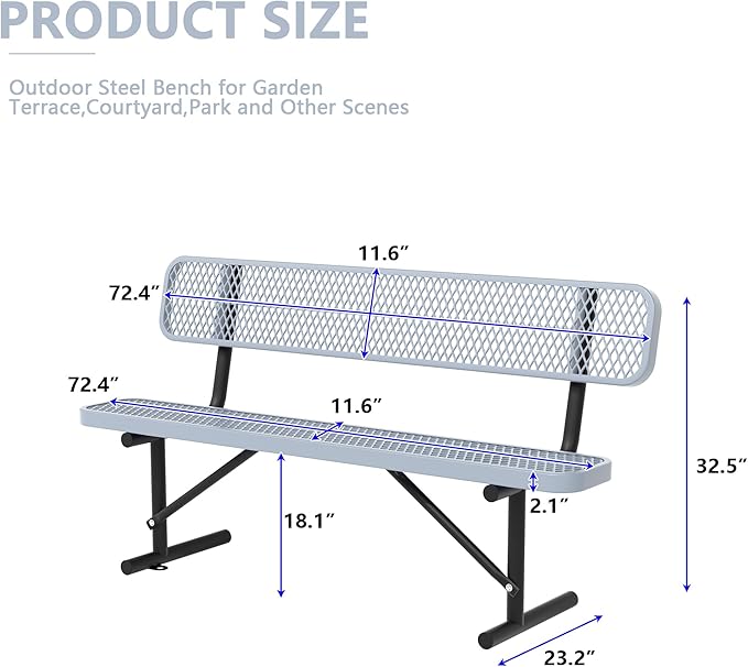 6 Ft Metal Park Bench for Outside, All-Weather Thermoplastic Coating Outdoor Bench with Backrest, Commercial Heavy Duty Benches for Shopping Malls, Stores, Parks, Patios, Decks, Grey