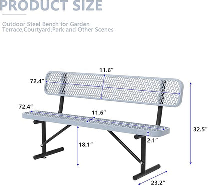 6 Ft Metal Park Bench for Outside, All-Weather Thermoplastic Coating Outdoor Bench with Backrest, Commercial Heavy Duty Benches for Shopping Malls, Stores, Parks, Patios, Decks, Grey