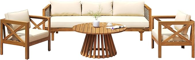 Merax Outdoor 4-Piece Acacia Wood Conversation Set - Patio 3-Seat Loveseat Sofa w/Coushion - Photo 4
